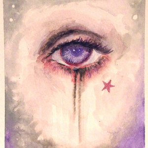 Stargazer Crying Eye Watercolour Original Art Gothic Painting Lowbrow Art Illustration Goth Eyeliner Purple Eyes
