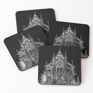 Gothic Cathedral Art Coaster Dark Illustration Macabre Cosmic Horror Goth Coasters Set Scratchboard
