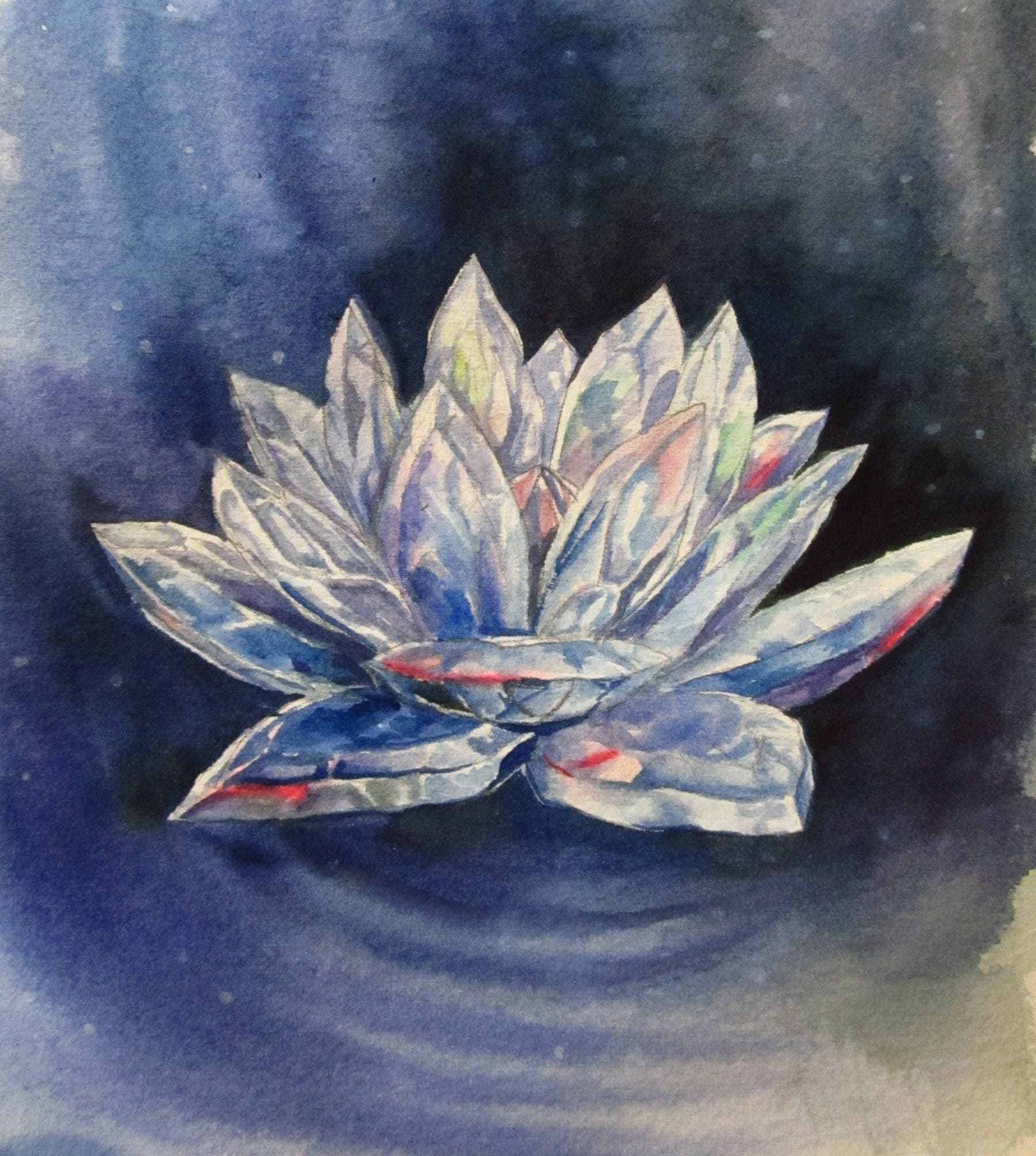 Crystal Lotus Flower Painting Original Art Watercolour Blue Etsy