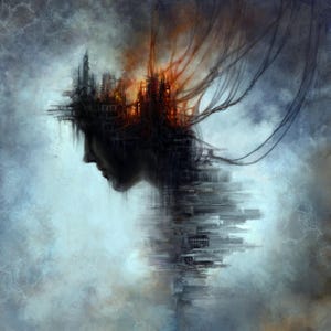 Dystopic Poster InHuman 10x10 Futurism Dark Sci Fi Cityscape Cyberpunk Art Fantasy Robotic Illustration