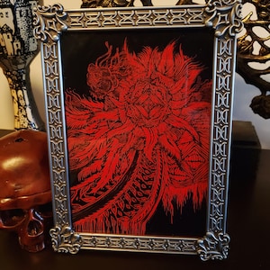 Dark Art 5x7 Surreal Abstract 'Blooming Oblivion' Monster Flower Creature Poster Print Visionary Psychedelic Horror Creepy Lovecraftian Red