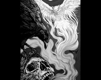 A Flock Named Murder Skull Raven and Owl 4x6 Ink Drawing Fantasy Black Metal Horror