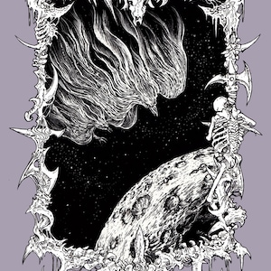 Lavendel Ver. Dark Art 4x6 Space Cosmic Birds Horror Death Metal Surreal Zeichnung Skeletons Bones Corpses Poster Print Schwarz Weiß Lila
