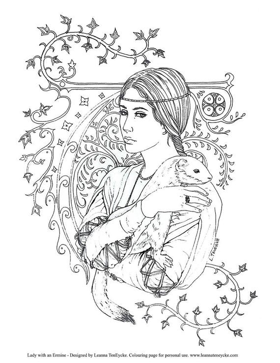 Download Colouring Page Renaissance Lady with Ermine Printable Digital | Etsy