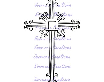 Hand Drawn Swirl Cross, Decorative Cross, Digital Clipart, Instant Download, Journal, Scrapbook, Cross Digital Illustration, Cross Line Art