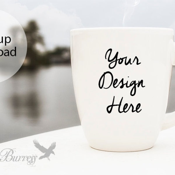 Coffee Mug with River Background, Coffee Mug Mockup, Coffee Cup Mockup, Stock Photography, White Coffee Mug Mockup, Blank Coffee Cup Mockup