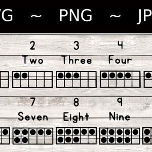 May include: A black and white image of a wooden board with black circles representing numbers one through ten. The numbers are written in black text above each row of circles. The words "One", "Two", "Three", "Four", "Five", "Six", "Seven", "Eight", "Nine", and "Ten" are written in black text below each row of circles.