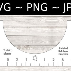 May include: A white plastic T-shirt aligner tool with a curved edge and a ruler on each side. The ruler is marked with numbers from 1 to 4. The text "T-shirt aligner" is printed on the tool. The text "Twisted Rainbow Customs" is printed on the tool.