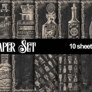 Bottiglie di veleno Carta da stampare Steampunk Vintage - Download Immediato sfondi pronti con bottiglie di antichi veleni