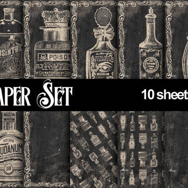 Antique Poison Bottle Digital Papers Steampunk Printable Set, Ephemera Background, Victorian Antique pattern