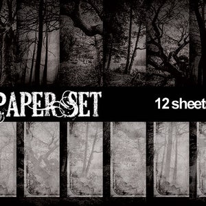Dark Forest Digital Paper printable Set, goth stationery tree woods Sheets for letters, digital Backgrounds and frames