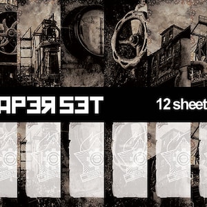 Juego de papel digital industrial, paisajes abandonados papel de escritura, fondo grunge, papelería steampunk dieselpunk