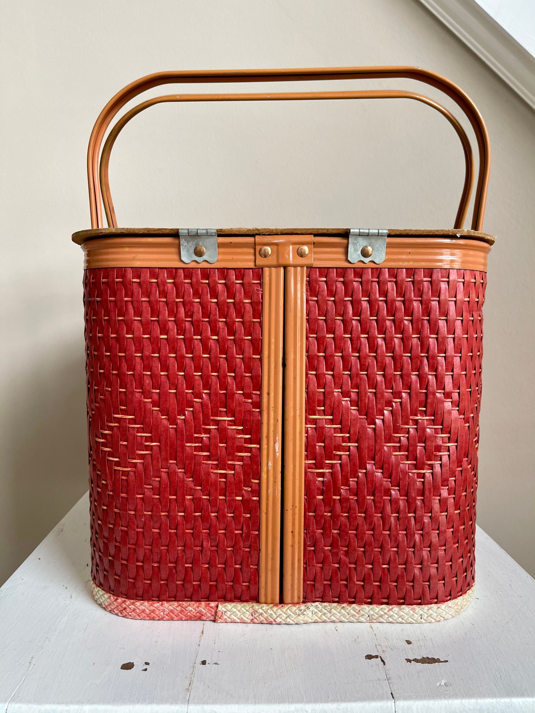 Vintage Red Picnic Basket Redmon Woven Picnic Basket Mid Etsy