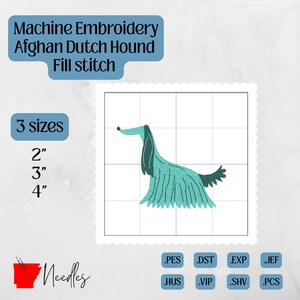 Puede incluir: Diseño de bordado a máquina de un Afghan Dutch Hound en puntada de relleno. El diseño es en tonos verde azulado y negro, con el texto "Machine Embroidery Afghan Dutch Hound Fill stitch" y "3 sizes". Disponible en tamaños de 5 cm, 7.6 cm y 10.2 cm.