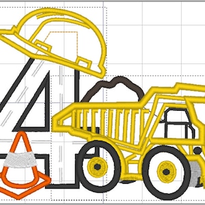 May include: A yellow construction truck with a black and white tire design. The truck is carrying a pile of dirt. A black number four with a yellow hard hat and an orange traffic cone.