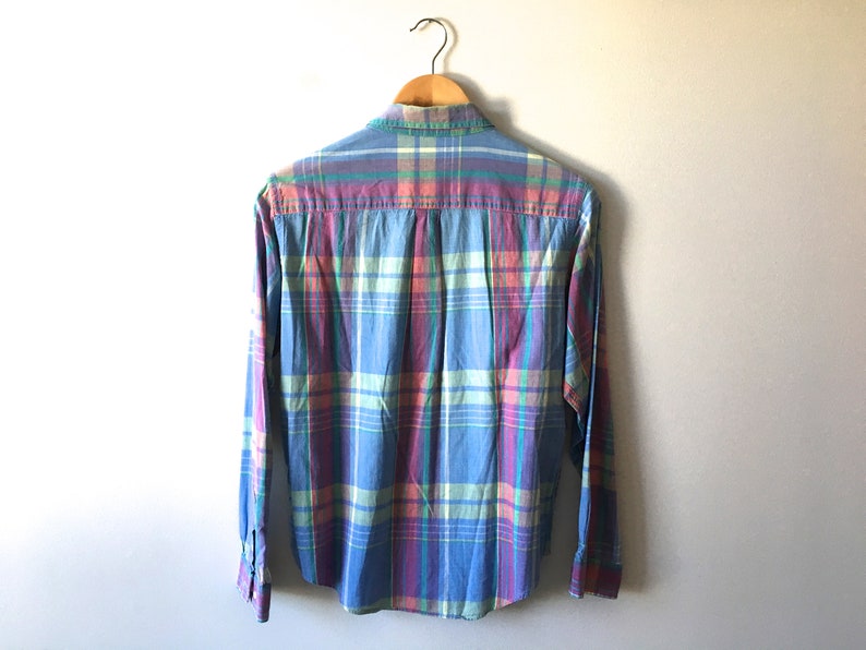 90s Pastel Madras Plaid Button Down Preppy Blouse Shirt Light Blue Purple Lavender Pink Yellow USA Made Pure Cotton Long Sleeve Collar S M