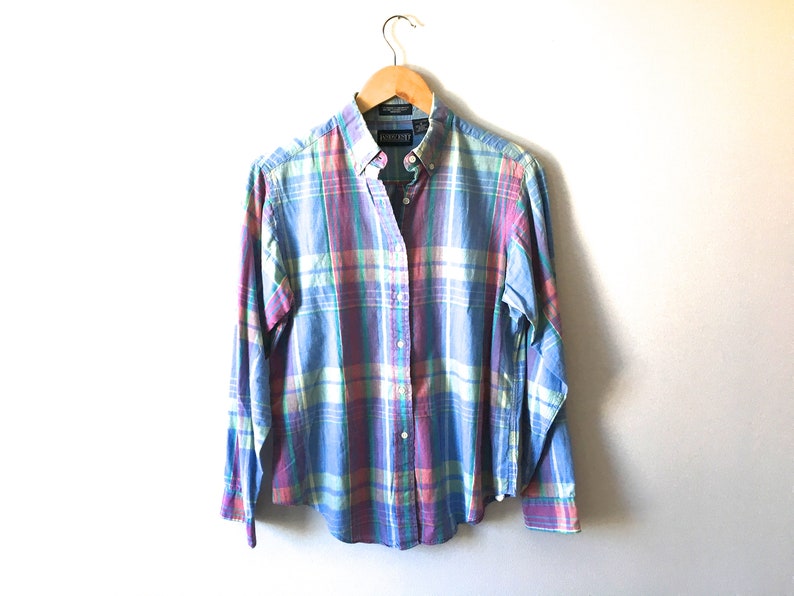 90s Pastel Madras Plaid Button Down Preppy Blouse Shirt Light Blue Purple Lavender Pink Yellow USA Made Pure Cotton Long Sleeve Collar S M