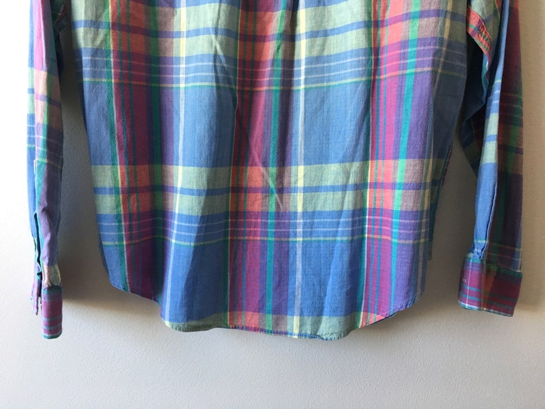 90s Pastel Madras Plaid Button Down Preppy Blouse Shirt Light Blue Purple Lavender Pink Yellow USA Made Pure Cotton Long Sleeve Collar S M