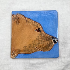 Könnte beinhalten: Eine Keramikfliese mit dem Kopf eines braunen Hundes im Profil vor blauem Hintergrund.