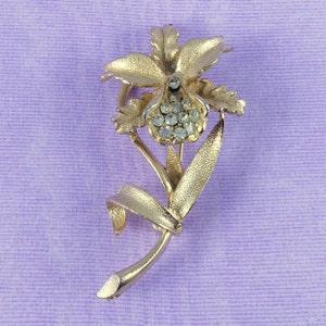 Vintage Orchid Brooch, Gold Clear Pin Signed BSK