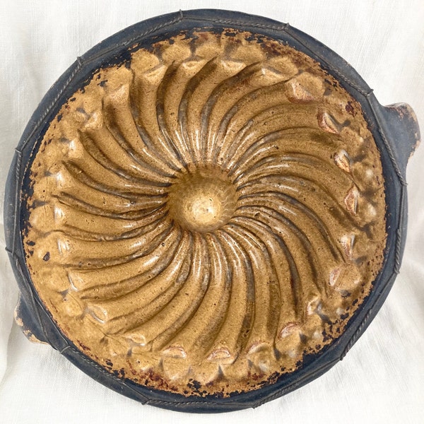 RESERVED FOR E Stunning Antique Yellow ware Mold, Double Handle Ceramic Bundt