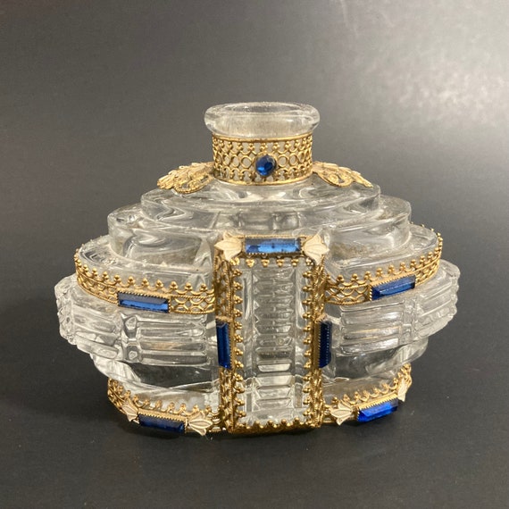 Czech Perfume Bottle, Scent Glass Flask, Blue Fil… - image 2