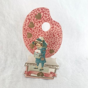 San Valentín desplegable vintage, niña con paleta de artista, hecho en Alemania, chatarra victoriana
