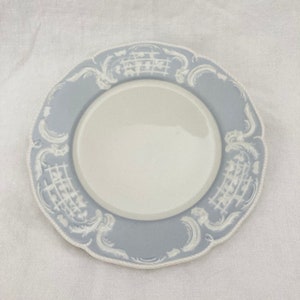 May include: A white ceramic plate with a blue rim and a white embossed design. The design features a repeating pattern of a trellis with vines and leaves.