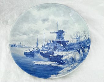 Large De Porceleyne Fles 11.5" Diameter Vntg Delft Winter landscape display Plate