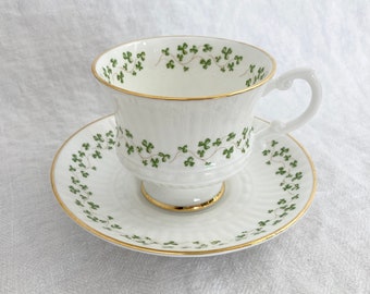 Royal Tara Teacup, Green Shamrock Pattern, Ribbed Fluted Cup with Foot, Replacement Saucer