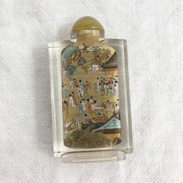 Reverse Painted Snuff Bottle, Vintage Miniature Glass Jar