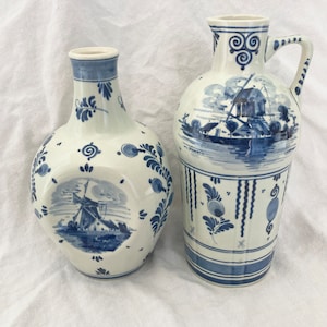 2 Delft Blue and White Zuid Holland Hoppe Decanters, Vase & Pitcher Vintage