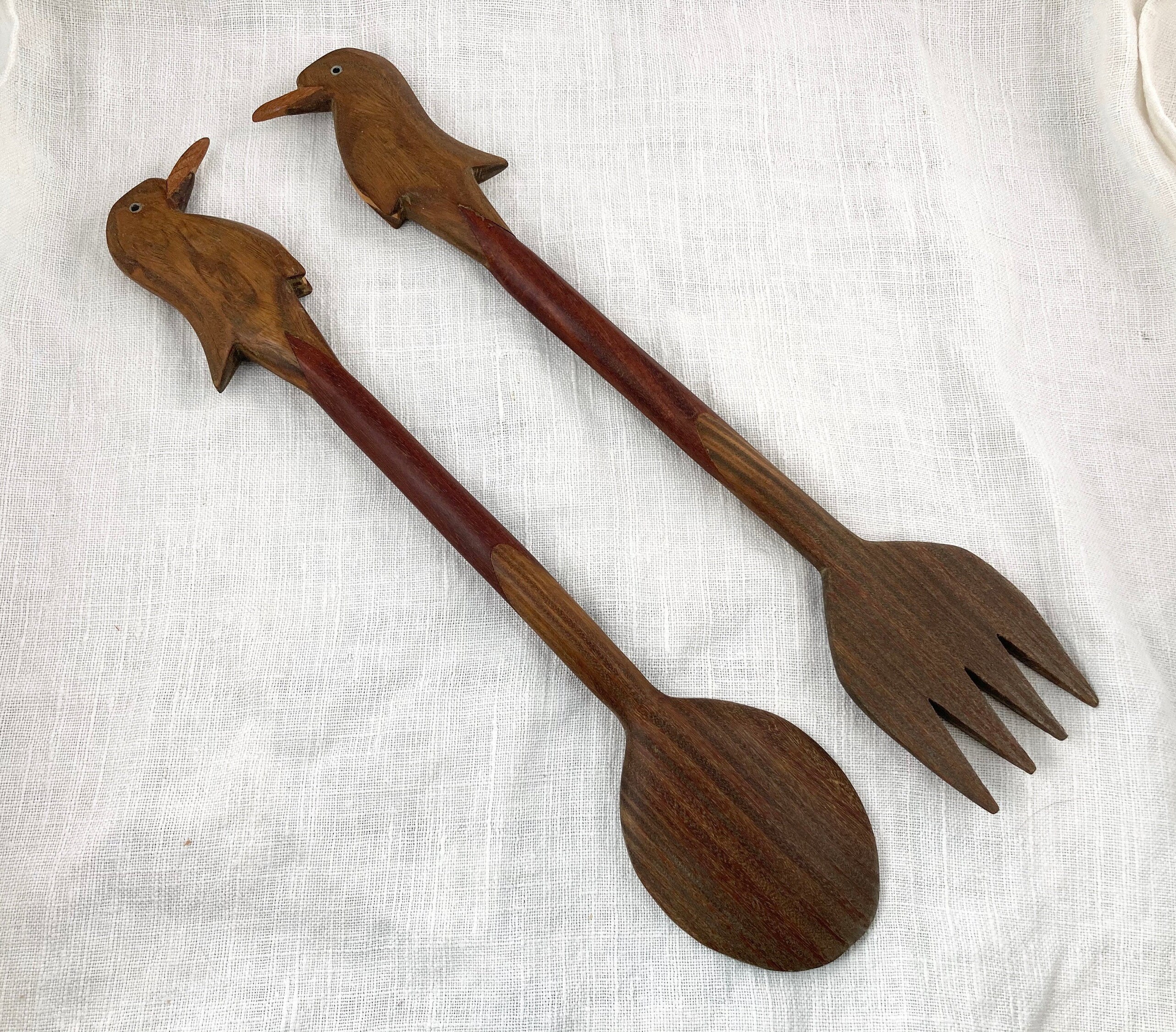 Vintage Wooden Bird Salad Serving Set Etsy
