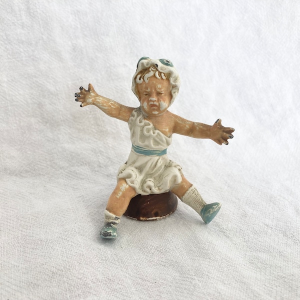Vintage Metal Baby Figurine, Miniature Painted Crying Toddler