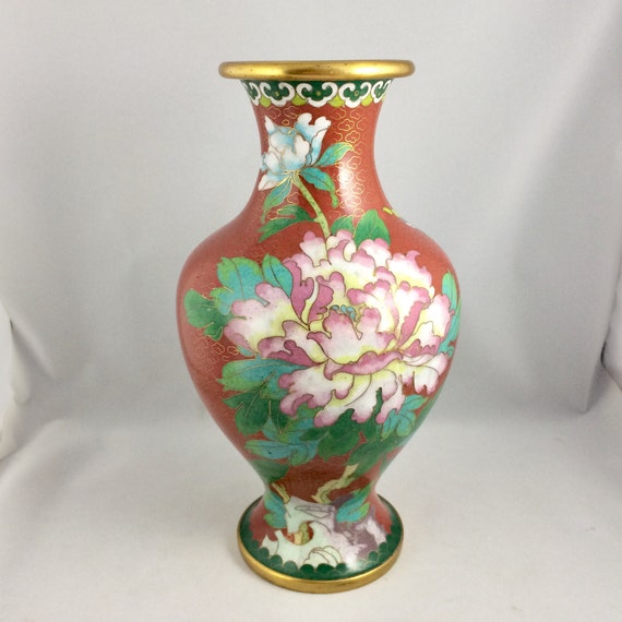 大型 9 インチ 七宝焼き花瓶、牡丹の花柄、赤エナメル - Etsy 日本