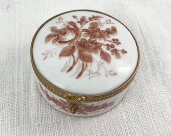 Round Sepia Floral French Trinket Box, Peint Main