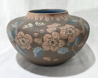Ceramic Vase, Art Pottery, Neutral Soft Butterfly and Flowers Ceramic Jar