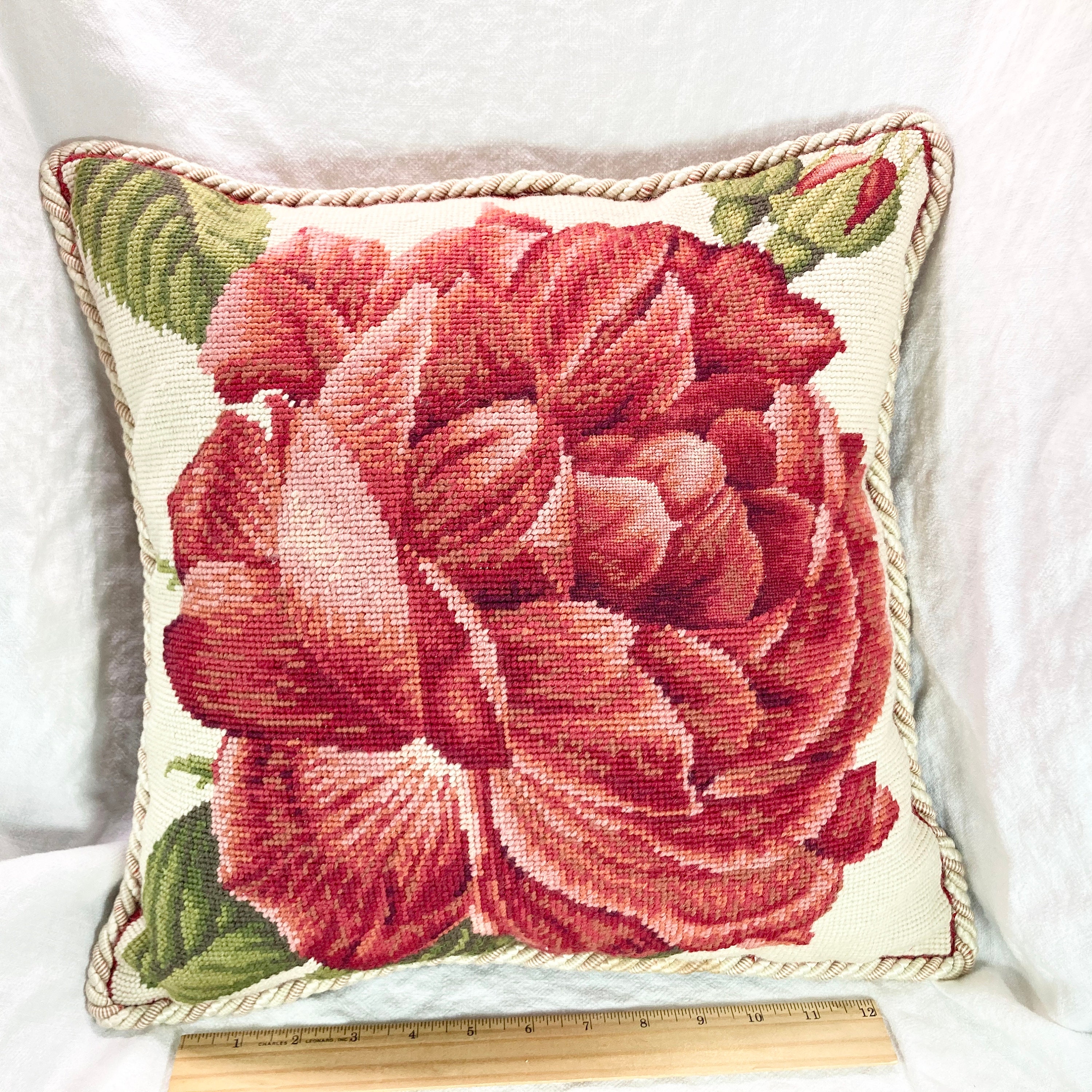 Pink Roses on Brown Back II Needlepoint Pillow
