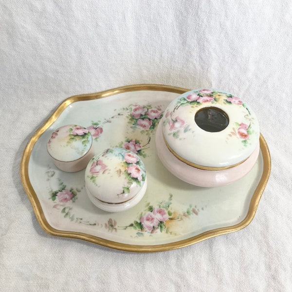 Porcelain Vanity Set, Pastel Pink Roses, Hand Painted Tray Hair Receiver & Jars,  Limoges Dresser Tray