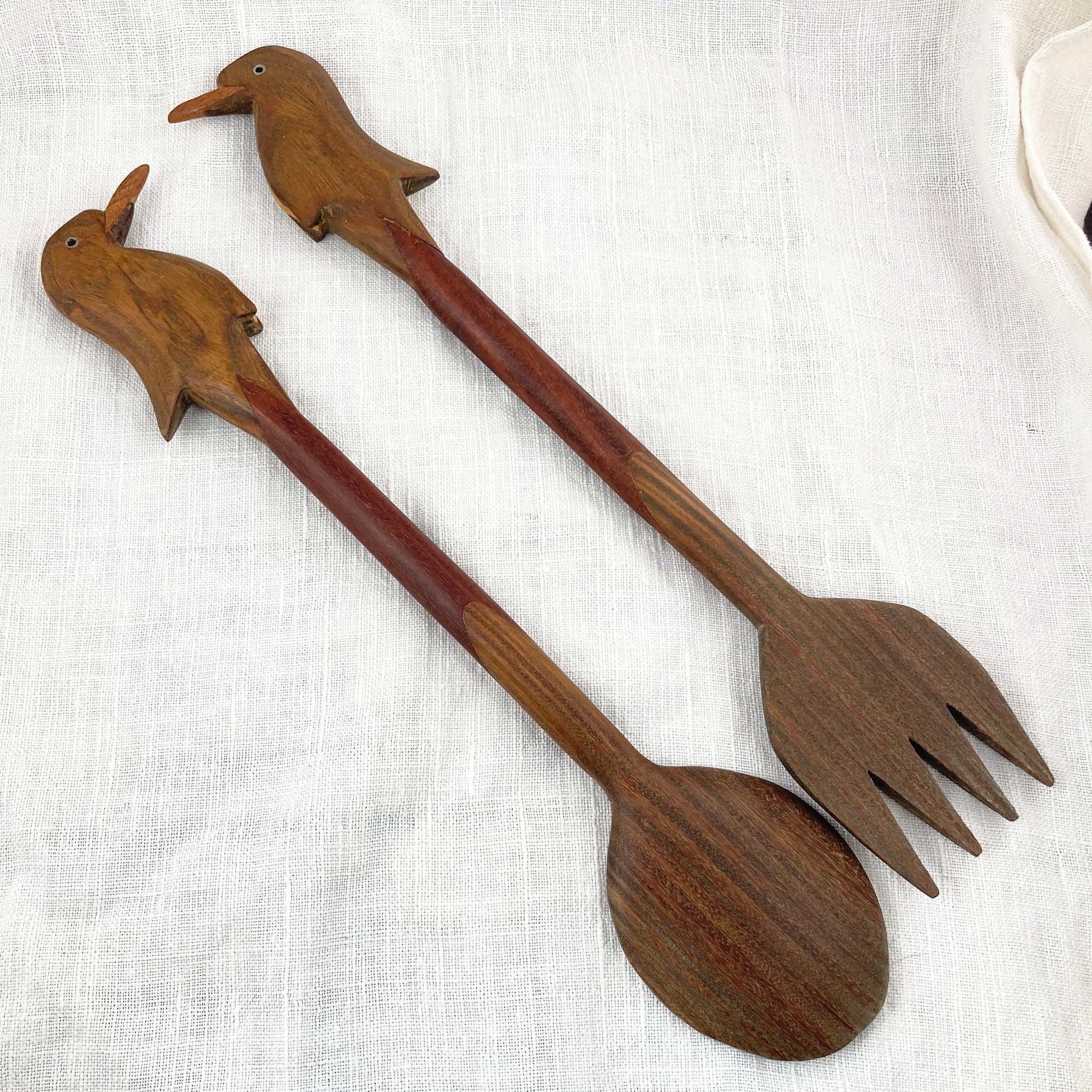 Vintage Wooden Bird Salad Serving Set Etsy