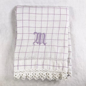 Vintage Dishcloth, Lavender Check Linen Towel, Crochet Edge