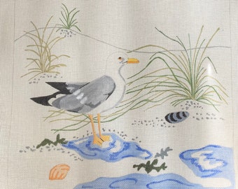 Barbara Eyre Hand painted Needlepoint Canvas, Beach Scene With Sea Gull, Nautical Pillow Kit