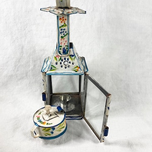 Vintage Painted Lantern, small tole metal oil lamp, made in Portugal