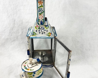 Vintage Painted Lantern, small tole metal oil lamp, made in Portugal
