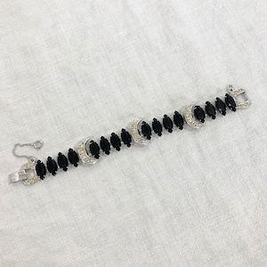 AS IS Sarah Coventry &quot;Vienna Nights&quot; Tennis Bracelet, Silver Black Rhinestone 1950s Vintage Jewelry