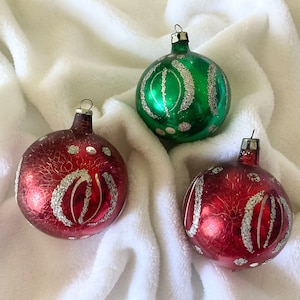 3 Vintage Ornaments, Japan Red and Green Glass