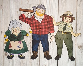 Ziggy Sawdust the Lumberjack, Isadora Creepvine the Witch & Park Ranger Jenny Paper Puppets, DIY Printable PDF Articulated Paper Doll Bundle