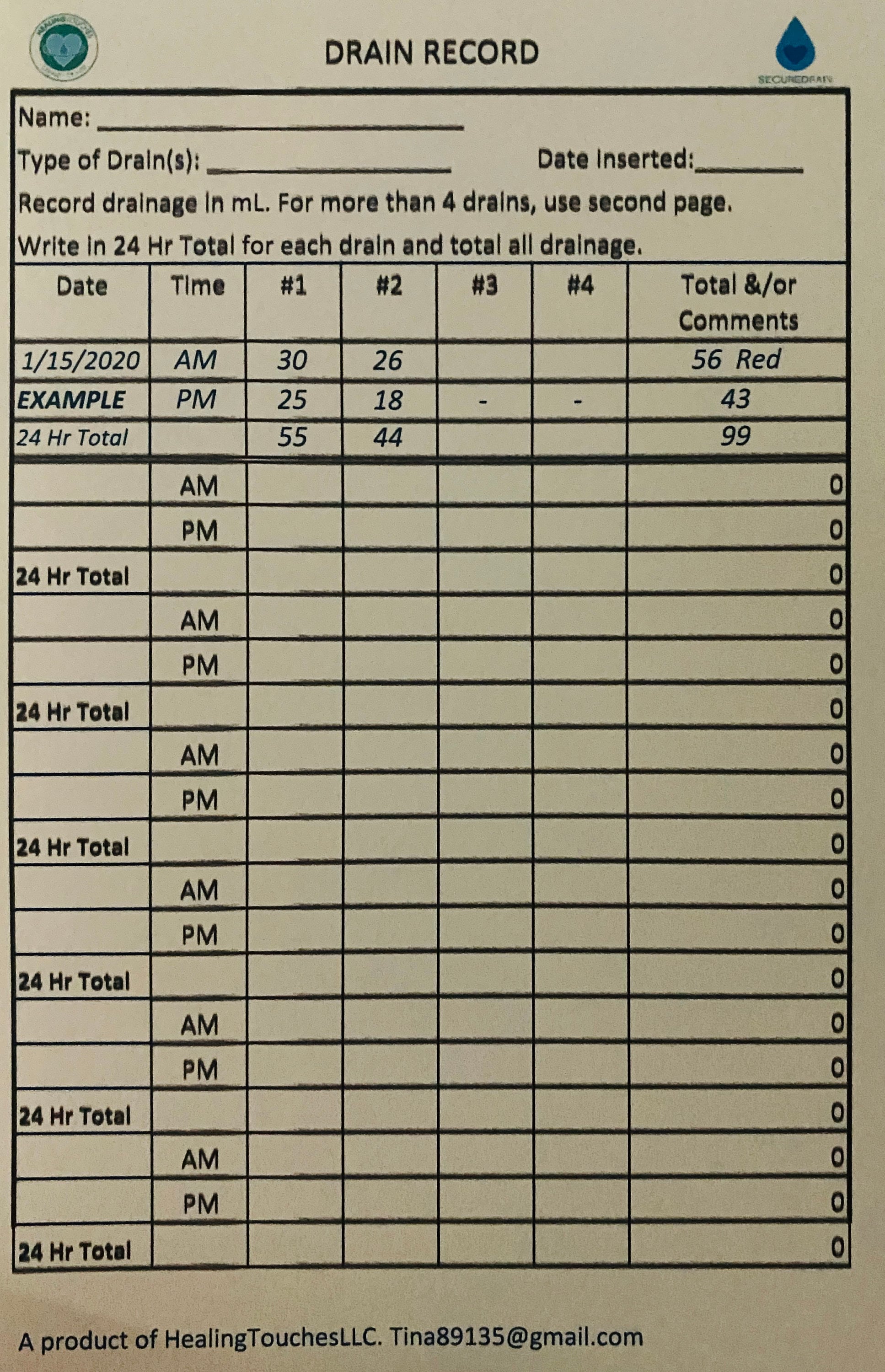 JP Drain Record Form. Post Mastectomy Drain Care, Record JP Drainage, Excel File for Personal