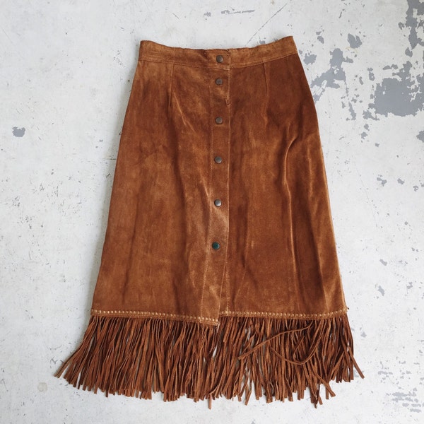 Vintage Suede Skirt / Brown Leather Button-Up Skirt / Fringe Western Skirt / 60's / 70's