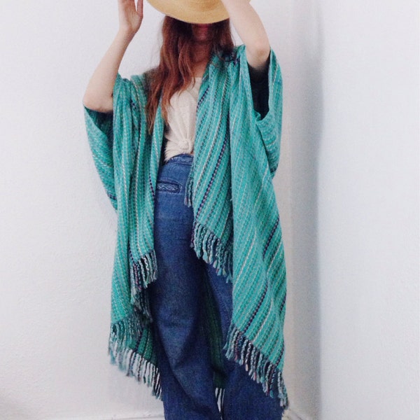 Vintage Poncho / Woven Blue Fringe Wrap / Hand Weave Cocoon Cardigan / Hippie Sweater / 70's / 80's